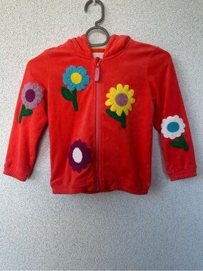 Mini Boden Girls Velour Zip Hoodie Flower Appliqué Red Size 3-4Y